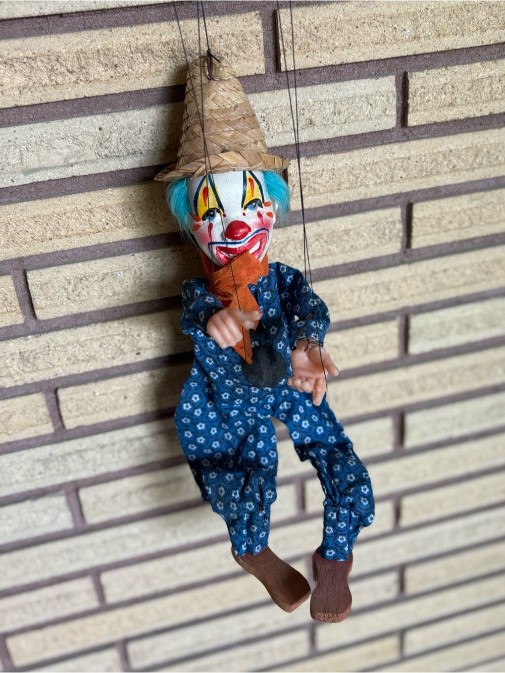 80's Hand Painted Clown Marionette - Clown Puppet - Handmade Clown Toy